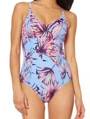JESSICA SIMPSON Palmy Days Smocked Cross Back One Piece Swim Bathing Suit SZ:M